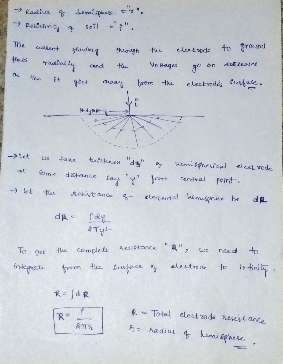 Radius of hemisphere Resistivity of soil =p. The current the through electrode to ground flows flowing radially and the Vol