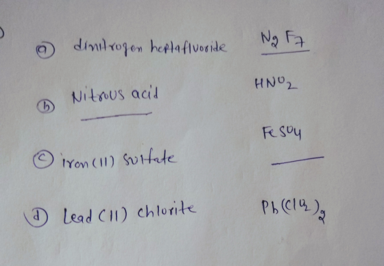 dinitrogen herta fluoride Ng F7 HNO2 Nitrous acid Fesoy © iron (11) sultate & Lead (11) chlorite Pb (112)