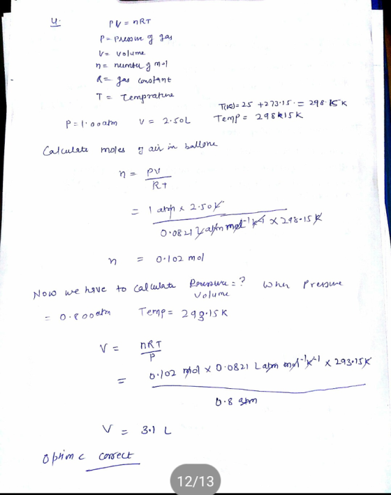 rVolume P:t.o.ahn v=2-roL Temp 248k15k, -1 kィ乂24&.IS 0.08レー 0.102 mol Volume Temp= 293-5K V= nRT 12/13