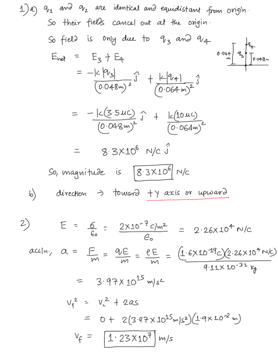 origin. 1) a) q, and are are identical and equidistant from So their fields cancel out at the origin. So field is only due to