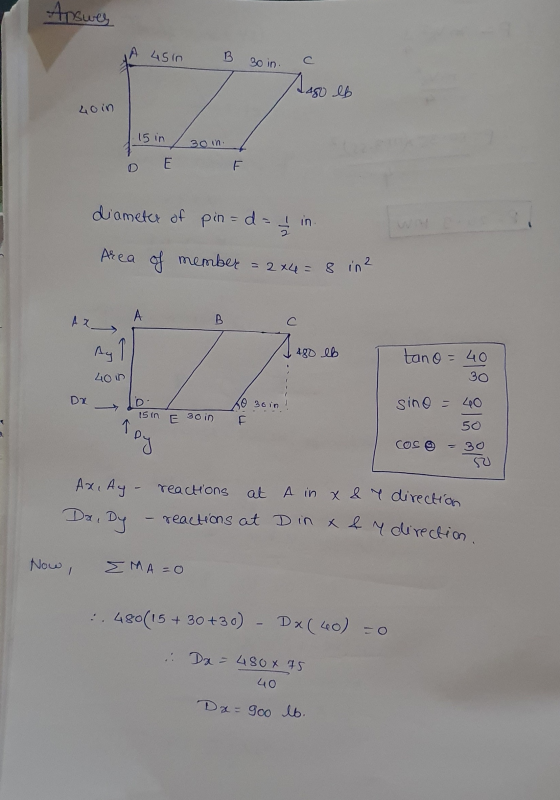 A 45 in 40in reactions at Din X & Y direction. Answers B 30 in. tago 450 lb 15 in 30 in. E diameter of pin= d = 3 in Area of