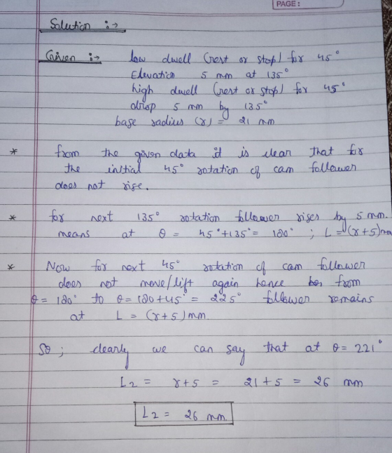 PAGE: Solution : Given i 5 mm low dwell Cert or stop) for 450 Elevatich at 135° high dwell Crest or stop) for us drop 13.50 b