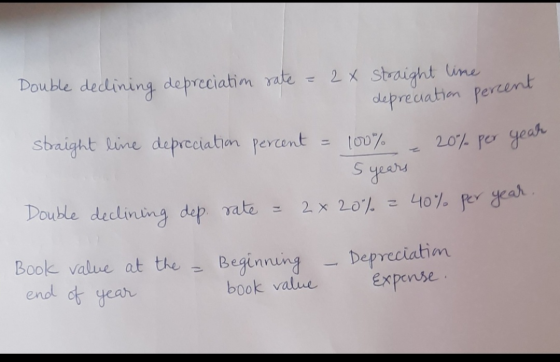 Double declining depreciation rate = 2x straight line depreciation percent straight line depreciation percent = 100% 5 years