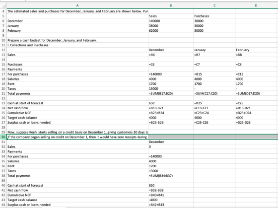с D Purchases 30000 30000 30000 January =B7 February =B8 =C7 =C8 =B15 4000 1700 =C15 4000 1700 =SUM(C17C20) =SUM(D17:020) A B