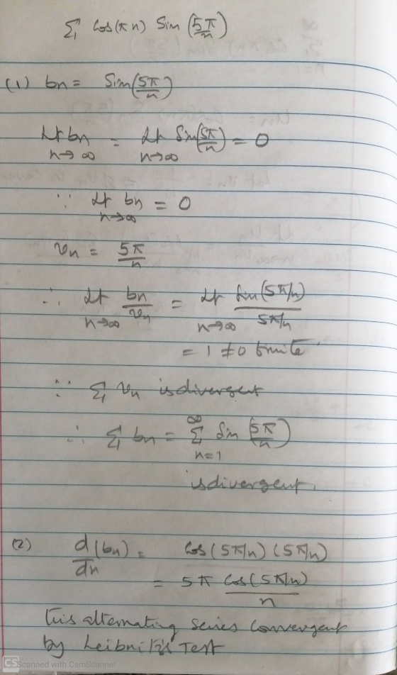& hos (km) Sim (57) (1) bn = Sim(SK) Wron - At Sut = 0 hoooo H by = 0 en = 5K It bn = tfn (hu) to fine hal L isdivergent (2
