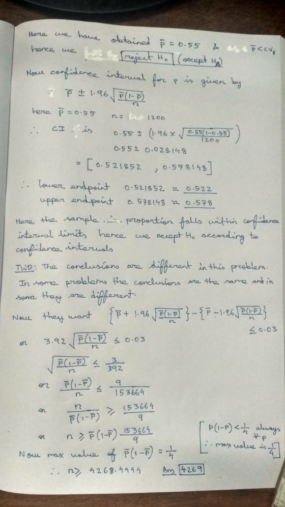 Here hence we Noul have obtained È = 0.55 & pccvo Preject Ho (occept Ha) confidence internal for p is given by Ē £1.96 (to he