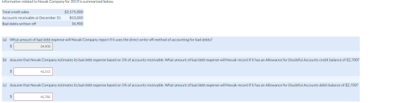 Information related to Novak Company for 2019 is summarized below. Total credit sales Accounts receivable at December 31 Bad