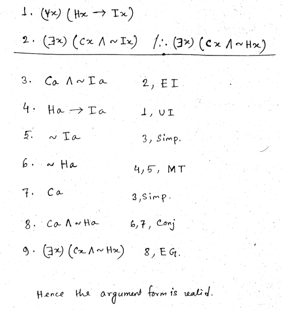 1. (4x) ( Hoe → Ix) 2. (32) (cx 1 ~ Ix) 1:. (3x) (Cx 1 Hse) 3. Ca A~I a 2, EI 4. Ha :> I a di UI ~ I a 3, Simp. 5. 6 . . ~ Ha