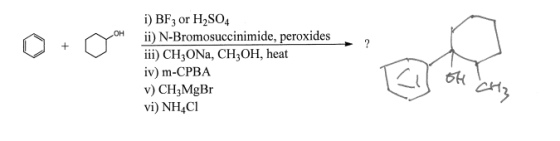 I too i) BF3 or H2SO4 ii) N-Bromosuccinimide, peroxides iii) CHON, CH,OH, heat iv) m-CPBA v) CH MgBr vi) NH4C1 21 One criz