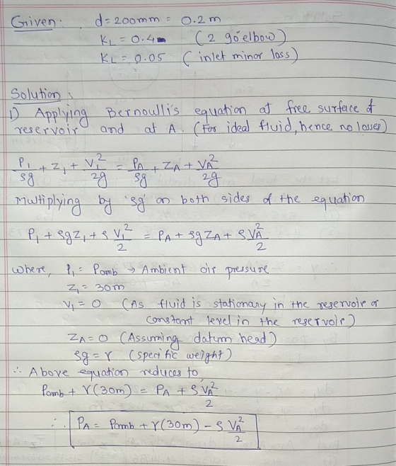 Given: 0.2m d-200mm KL=0.40 (2 goelbow) KL = 0.05 ( inlet minor loss) Solutions 1) Applying Bernoullis equation at free surf