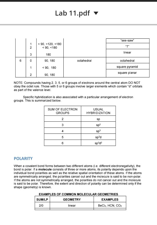 Lab 11.pdf see-saw 1 <90, <120, <180 < 90, <180 2 T linear 3 180 6 0 90, 180 octahedral 1 < 90, 180 octahedral square pyra