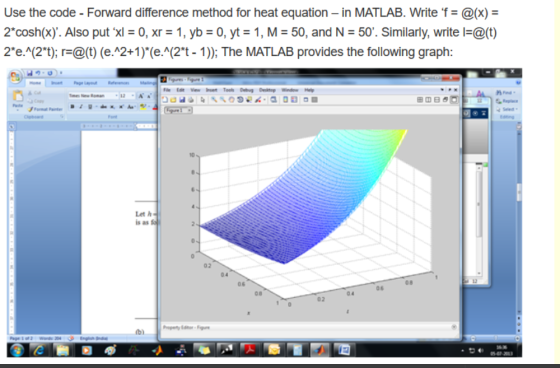 Use the code - Forward difference method for heat equation – in MATLAB. Write ‘f = @(x) = 2*cosh(x). Also put xl = 0, xr = 1