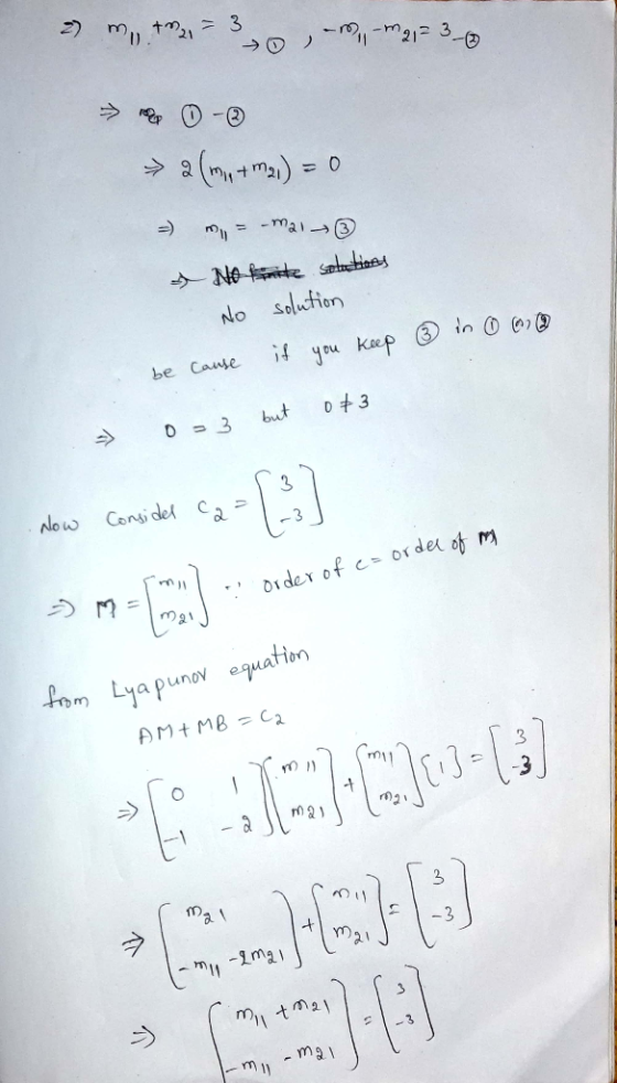 2) rnl).tm21冫 s-)0 )-q-rnn° 3-b no soluction be cause if you keep ③inO(n)b ou Consi del 3 Lya punov equation 5