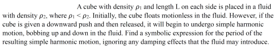 A cube with density pi and length L on each side is placed in a fluid with density P2, where pı <p2. Initially, the cube floa