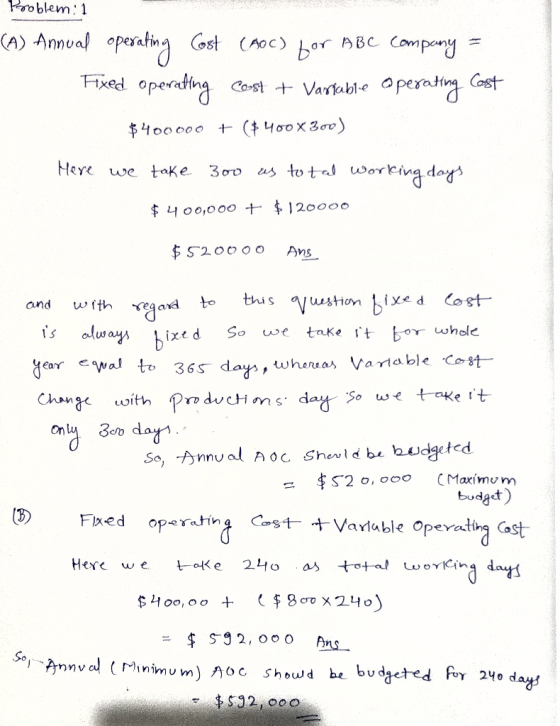 Problem: 1 (A) Annual operating Cost (Aoc) for ABC company - Fixed operating cost + Vartable Operating cost $400000 + ($ 400x