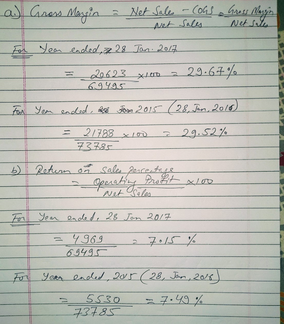a) Gross Margin Net Salle - Cogs 2 Gross Mazin Net Sales Net Sales For Jean ended, 728 Jan. 2017 20623 69495 29.67% x100 For