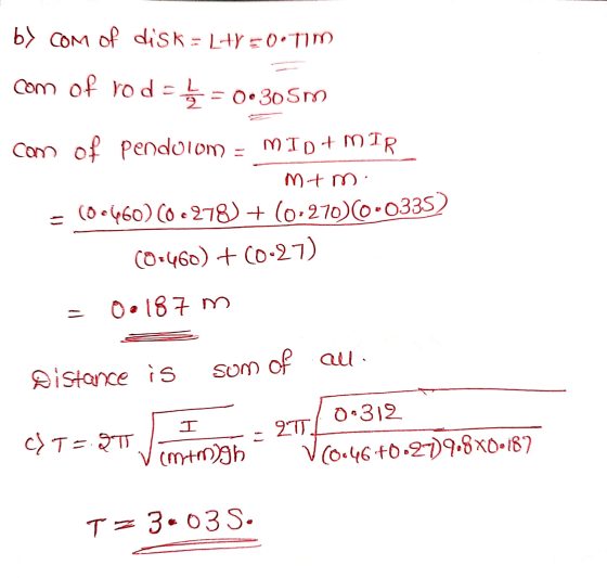 b) COM of disk = LY Ootim com of rode = 0•305m com of pendolom = MID+ MIR mtm - (0.460) C0278) + (0-270 (0.0335) (0:460) +00-