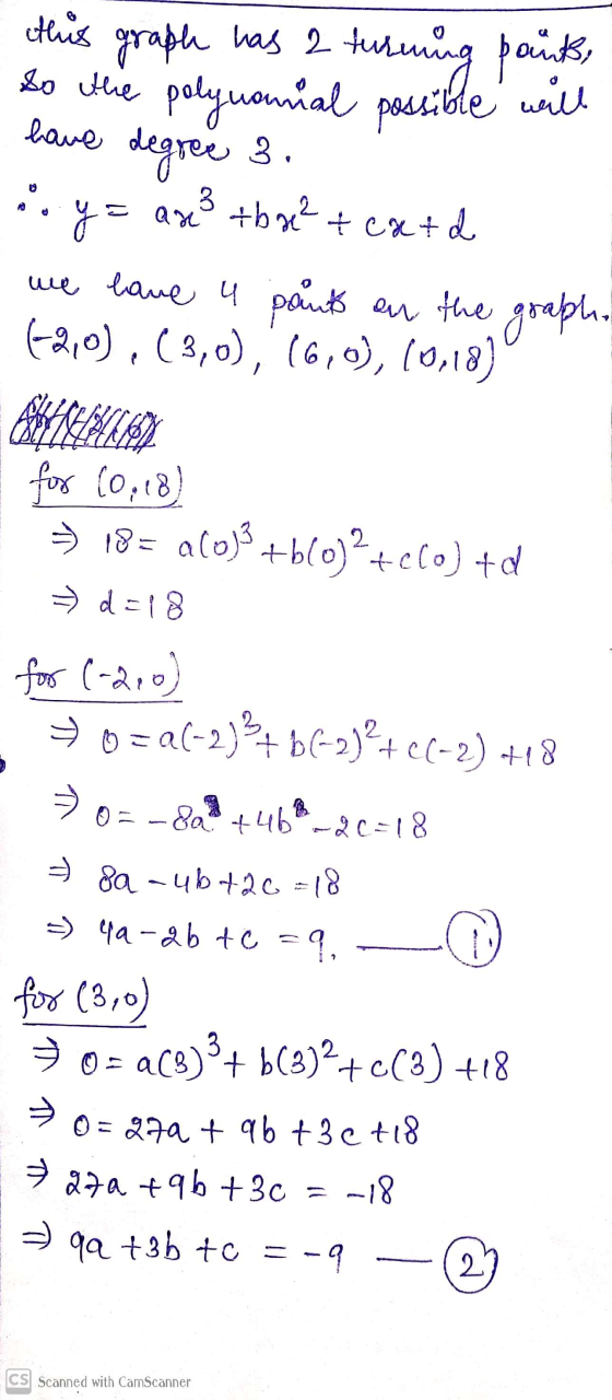 this graph has 2 turen So the polyuannial possible will turning points, degree 3. the? have 3 an w teatd y = we have u points