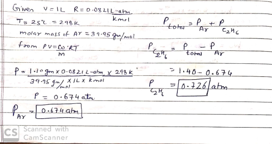 mol Given v=lL R=0.0821 Lahn T= 25°C = 298k molar mass of Ar=39-95 g/mol from pu=CORT м. Plotas Past Peste toral Ar 1.40-0.67