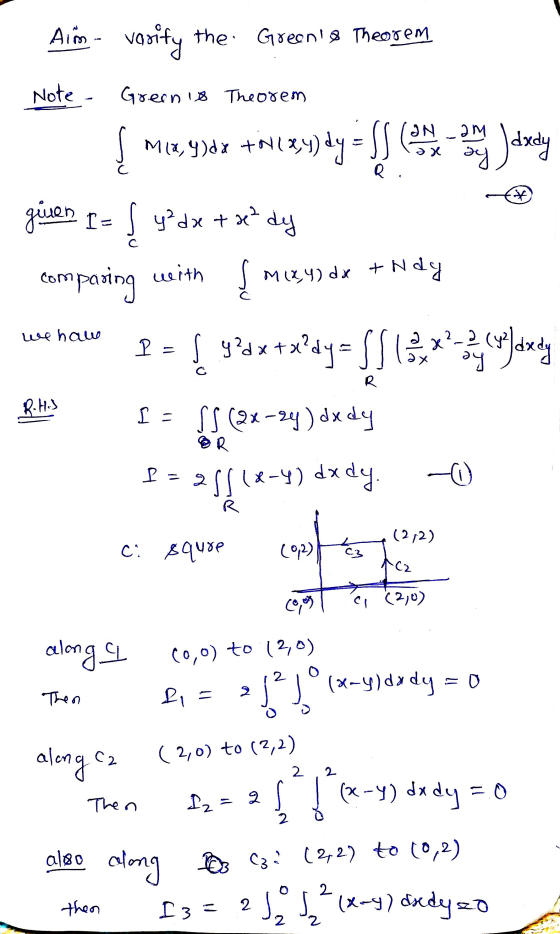 Aim - verify the Greens Theorem Note - Green is Theorem M13,9)dx taley)dy = S IN -2m әх |dxdy nu he * te² Pop with + Ndy giv