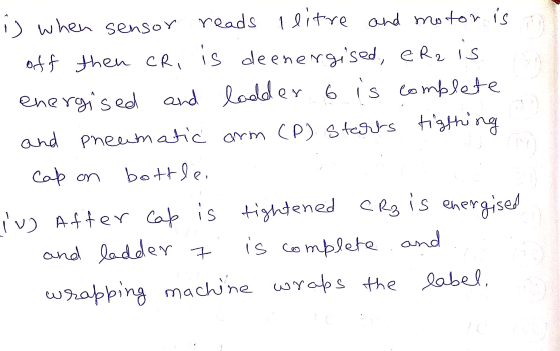is when sensor reads llitre and motor is off then CR, is deenergised, eRz is energised and ladder lodder 6 is complete and pn