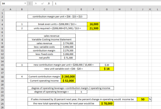 B4 - A B C F G H I K L contribution margin per unit = $36 - $23 = $13 i 2 break even units = $208,000/ $13 = units required =