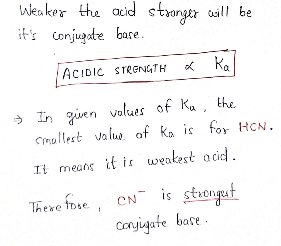 Weaker the acid stronger will be its conjugate base. Ka x ACIDIC STRENGTH » In given values of Ka, the smallest value of Ka