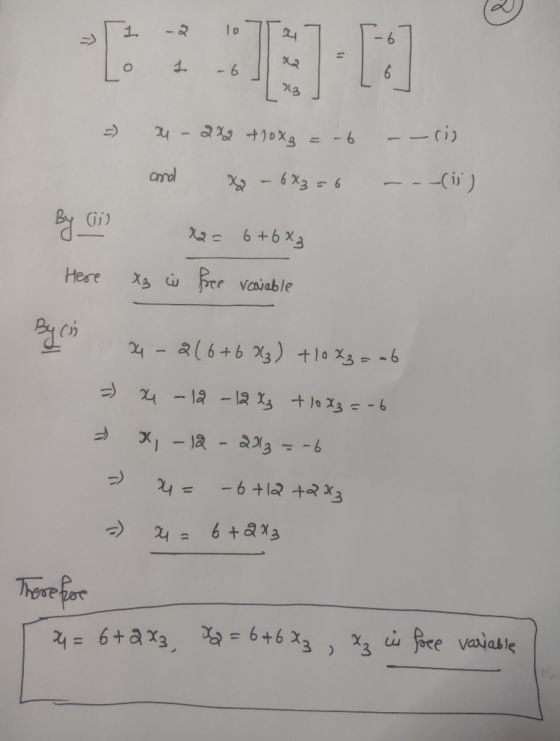 1 10 ou 닌 1 02. o 1.11 -6 73 -> 24- 242 +10Xg = -6 - - rij and % - 6*3=6 (ii) By Co = 6+6%3 Here xz w free rcciable Bych 4 -2