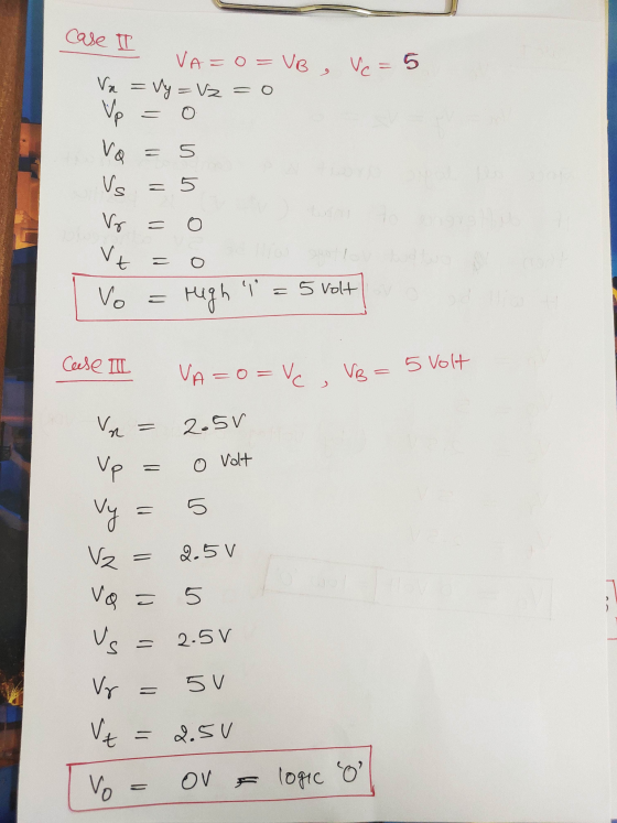 case I VA= 0 = VB, Vc = 5 Va = Vy = V2 = 0 Vp O VQ = 5 Vs = 5 Vr = Vt - Vo = 5 Volt 3 righ Cease II VA=0 =Vc Vs = 5 Volt Vn