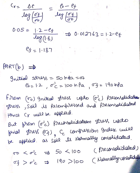 Co= DE - lo-ef - log (of log (of) 0.05= 12-lf 0.012763=1.2-ef - log (18) ef = 1.187 PART(b) 1. Initial stress = 50 kPa zoo a