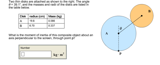 Two thin disks are attached as shown to the right. The angle = 39.1°, and the masses and radii of the disks are listed in the