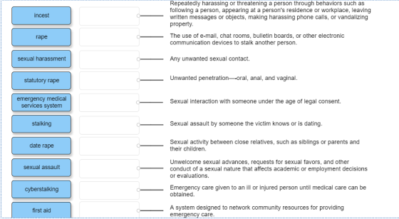 Repeatedly harassing or threatening a person through behaviors such as following a person, appearing at a persons residence or workplace, leaving written messages or objects, making harassing phone calls, or vandalizing property incest The use of e-mail, chat rooms, bulletin boards, or other electronic communication devices to stalk another person rape sexual harassment Any unwanted sexual contact. statutory rape Unwanted penetrationoral, anal, and vaginal emergency medical services system Sexual interaction with someone under the age of legal consent. stalking Sexual assault by someone the victim knows or is dating Sexual activity between close relatives, such as siblings or parents and their children date rape Unwelcome sexual advances, requests for sexual favors, and other conduct of a sexual nature that affects academic or employment decisions or evaluations sexual assault Emergency care given to an ill or injured person until medical care can be obtained cyberstalking A system designed to network community resources for providing emergency care first aid