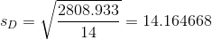 s_{D} = \sqrt{\frac{2808.933}{14}} = 14.164668