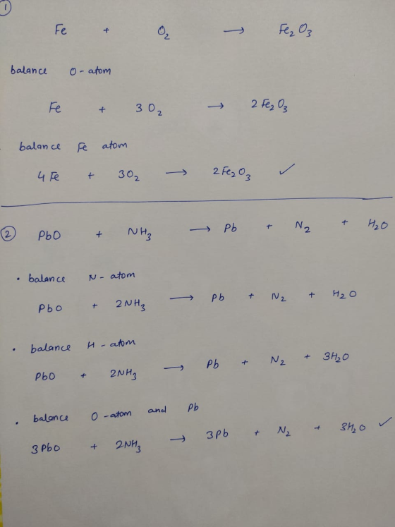 balance oratom balance or atom Fe + 30₂ → 2 Fez Oz balance 4Fe se atom + 302 - 2Fe2O D Pьо + и - Pь , , , , balance N-atom +