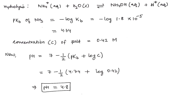 Ич Hydrolysis : Nuent caq) + Hyoces = nHyon (aq) + H+ (aq) PKO of NH3 = -log Kb = -log 1.8 *105 = 4.74 concentration (C) of s