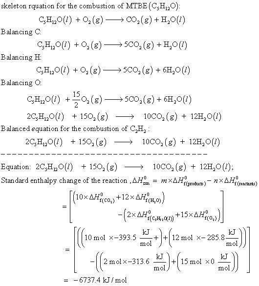 skeleton rquation for the combustion of MTBE (C,H120): CO2 (8) +H0) CH120( 2 (g) Balancing C CHLO (8) SCO2 (g)H20!) Balancing