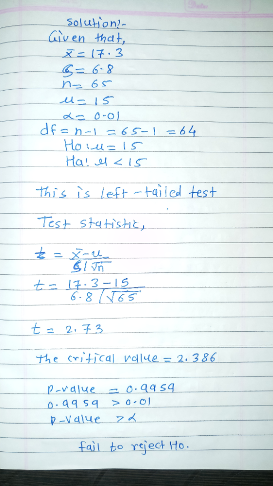 solution- Given that, x = 17.3 G= 6-8 n= 65 l= 15 L- o-ol df=n-1=65-1=64 Hoiu=15 Ha! ll <15 this is left-tailed test Test sta