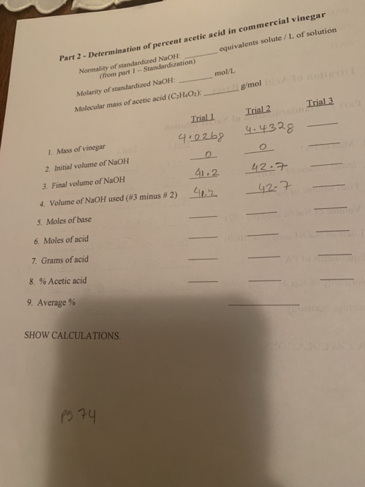 equivalents solute / L of solution Part 2 - Determination of nercent acetic acid in commercial vinegar Normality of standardi