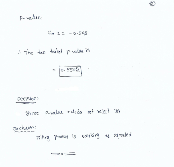 P value for 2 598 The tuo lould p-valua is O. 550a Decision 8ince P-valu >dido rot reeHo Concluion fling Pro is woylng a epec