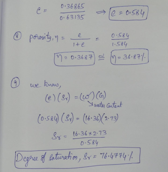 = 0.36865 0.36865 01 63135 > {e= 0.584) ③ porosity, n = e = 0.584 n = 0.3687) = (y = 36.87%) Ite 1.584 I we know, (C) (8) -(w