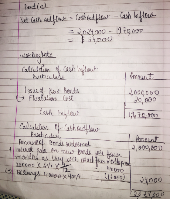 Part(a) Net Cash oulflow - Cashout flow - Cash Inflow = 2024,000 - 1979 oud = $ 54,000 working Note Calculation of cash Inflo