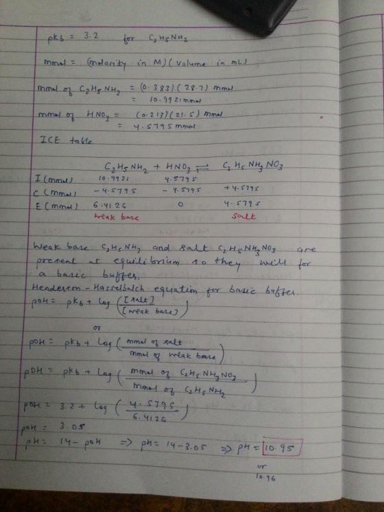 pkb = 3.2 for C H₂NH₂ mmol = molarity in M) ( volume in mL) mmol of C₂ H₂ NHg = (0.38) (28.7 mmol = 10.9921mmel mmol of 4No =