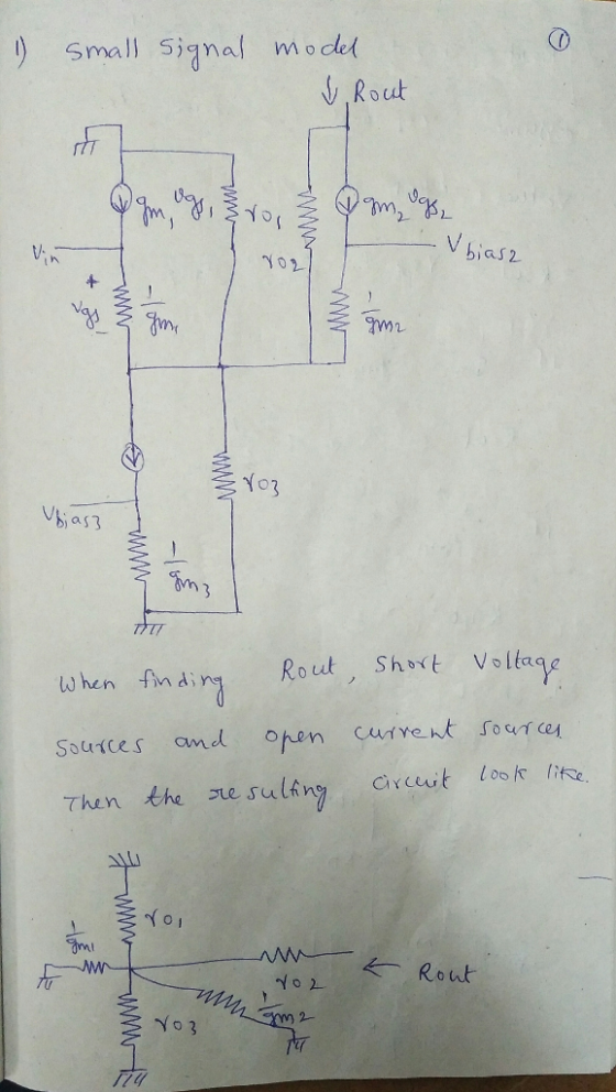 ) Small Signal model 2- o-ㄥ bias mi as3 制) TFIT When fin d Rout. Shot Voltage Souィces omd oron current foq7Gq im Rout 2 Yo 3