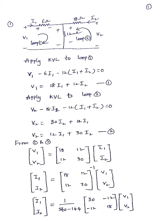182 I wk+ Amma Apply KVL to loop o , -61, - 12(Iqt I)=0 Vi = 18 11 + 121, -0 Apply KVL to loop @ V₂ - Is Iq - 12(I, + I)=0 Ky