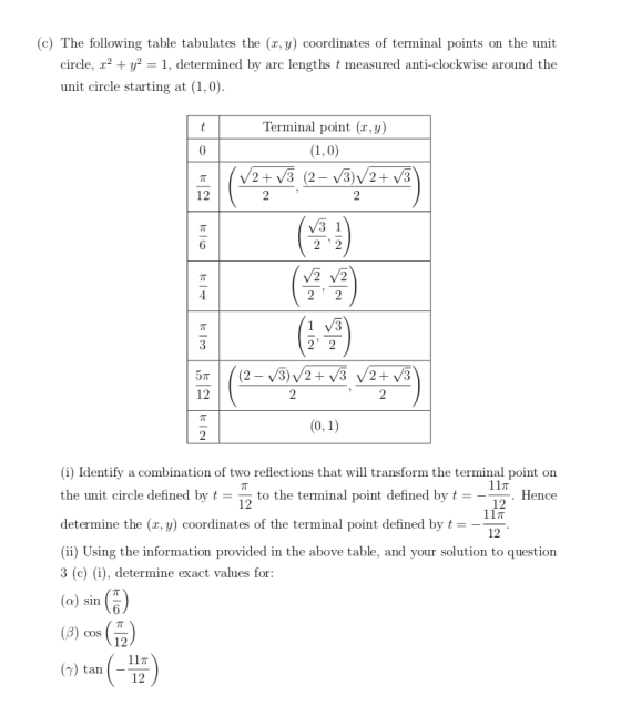 (c) The following table tabulates the (r, y) coordinates of terminal points on the unit circle, 2 = 1, determined by arc leng
