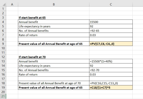 15500 If start benefit at 65 Annual benefit Life expectancy in years No. of Annual benefits Rate of return 92 =92-65 0.03 Pre
