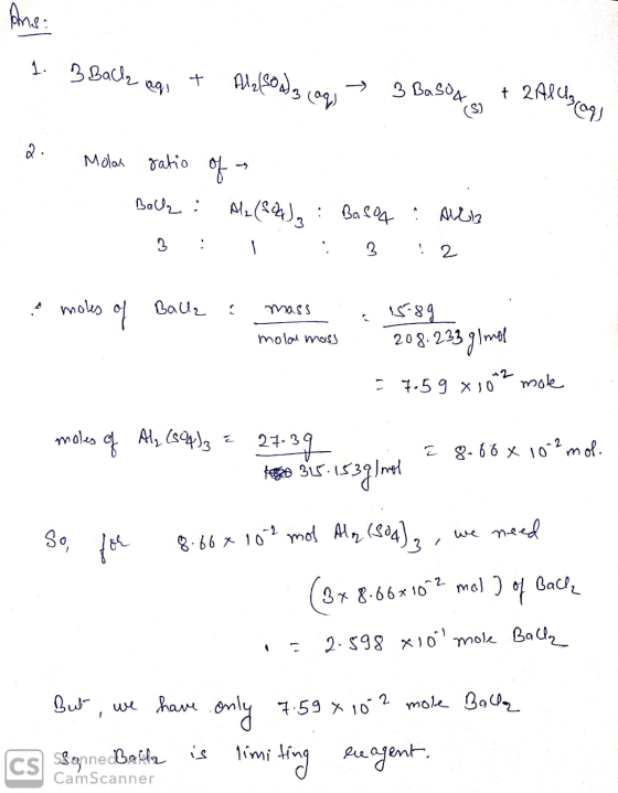 Ans: 1. 3 Back ago t ALSO )3 (aq) 3 Basoa + 248 ༦༡༩༠༡) (S) 2. Molar ratio of Balz. Ale (SA): Balon Baloh : All 3 3 ! 2 & mole