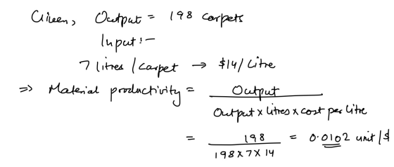 198 corpets Clieen, Output luput:- 7 litres I carpet » Material productivity → $141 Litre Output Output x litres & cost 0.010