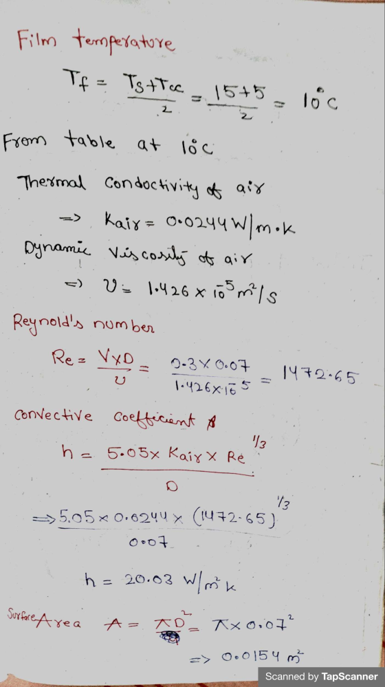 Film temperature Tf = Tsttcc 15+5 loc From table at loc Thermal Condoctivity of air Kair= 0.0244W/mok Dynamic viscosity of ai