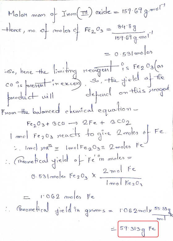 Melan man 15१ 67 IonTOxicke tene, mo of m len ol F203 = 848g 159 61g . me17 0 531ma|es कुल्ता So,te yield C s Fe2 03o 0, here